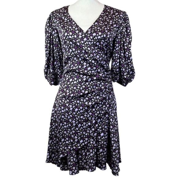 Chinti & Parker Gabriel Floral Mini Dress Black and Purple Wrap Look Size 6 - Picture 2 of 13